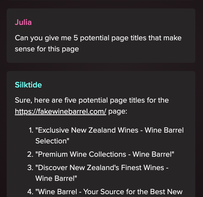 Asking AI the question "Can you give me 5 potential titles that make sense for this page"